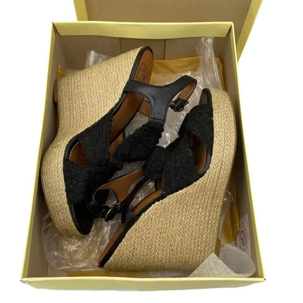 Lucky Brand Ridgeview Rita Black Macrame Lace Platform Wedge Sandals 8M Box